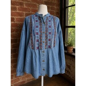 Vintage Southwestern Embroidered Denim Button Down Shirt Western Tribal Festival
